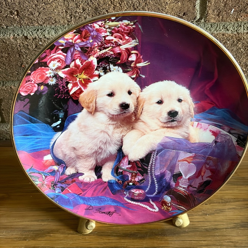 Royal Doulton Porcelain Plate with Puppies & Floral Design, “Precious Pals”